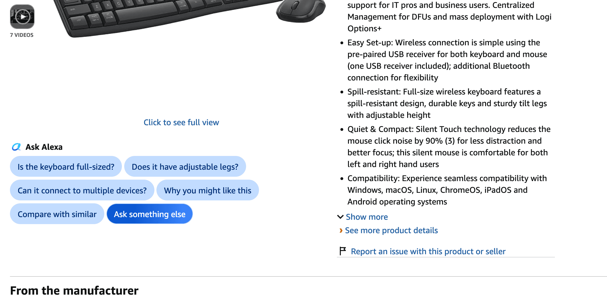 Amazon product page showing the blue Alexa prompt pills under the listing images
