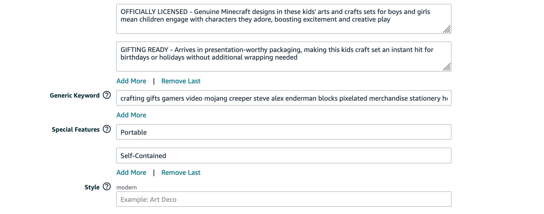 Amazon Seller Central Generic Keyword field showing space-separated single words