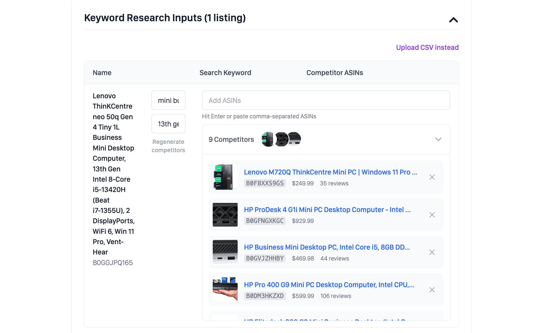 Perci auto-detecting competitor ASINs and root search keywords for an Amazon listing