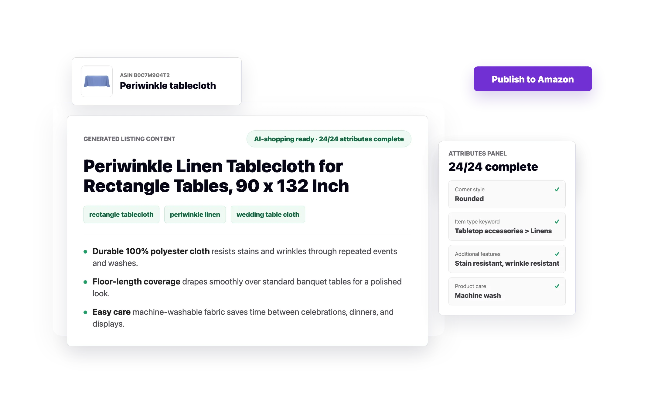 Perci listing builder turning product data into a complete Amazon listing