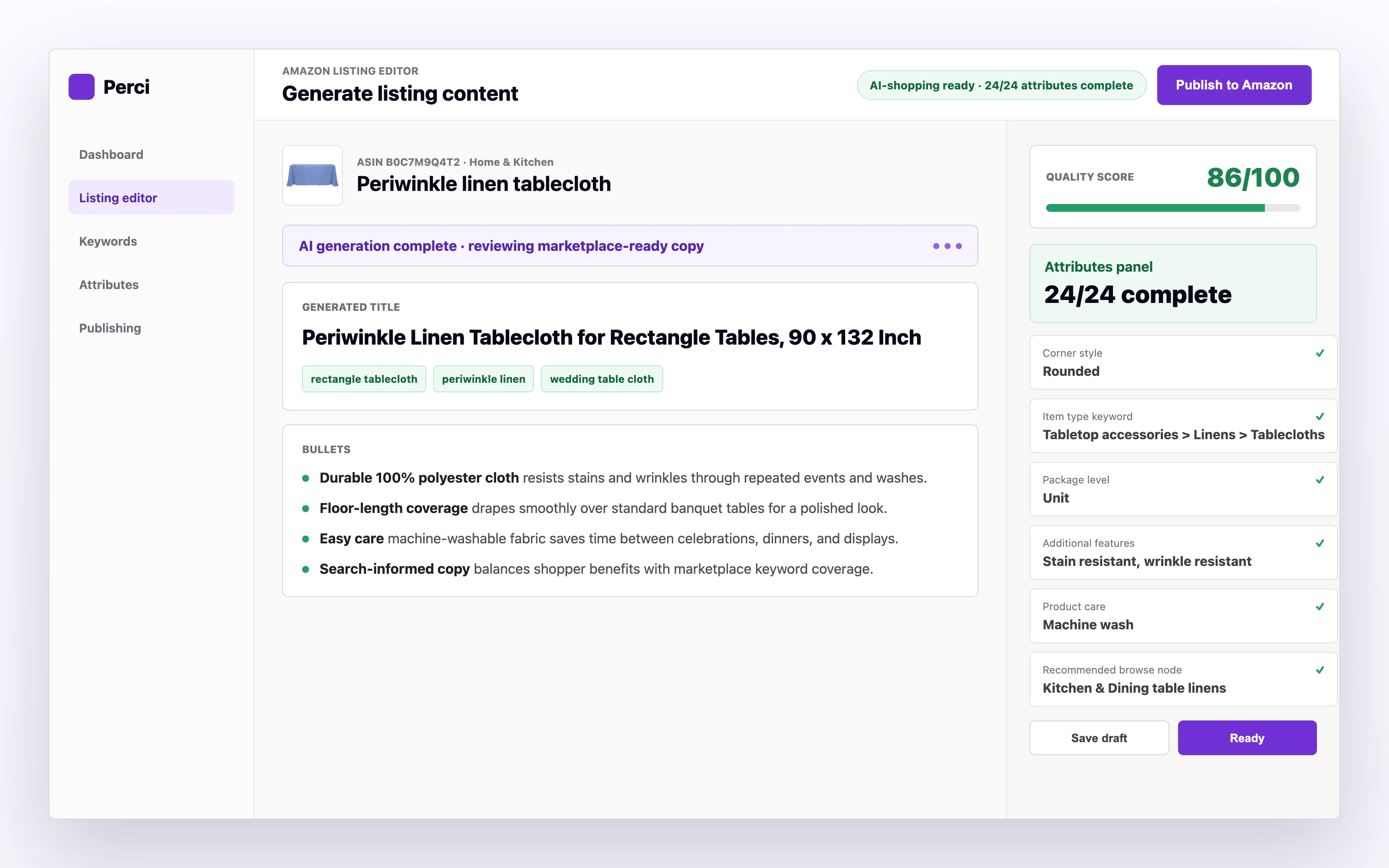 Perci listing editor showing optimized title, bullets, and backend attributes for an Amazon listing
