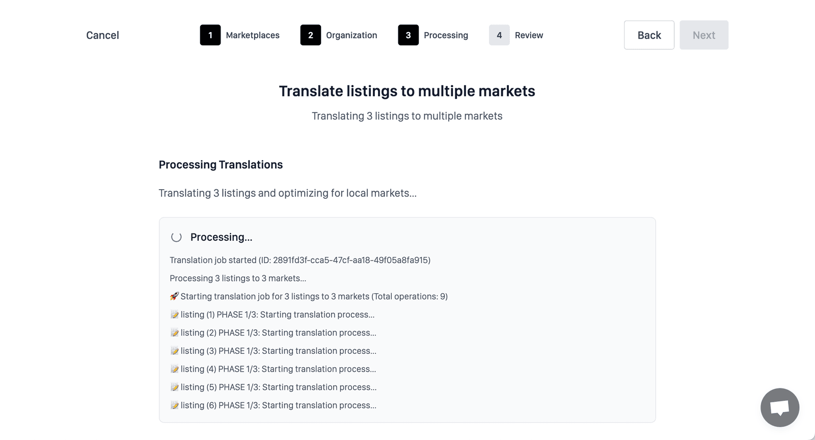 Perci international listing translation progress showing translation, local research, and marketplace optimization