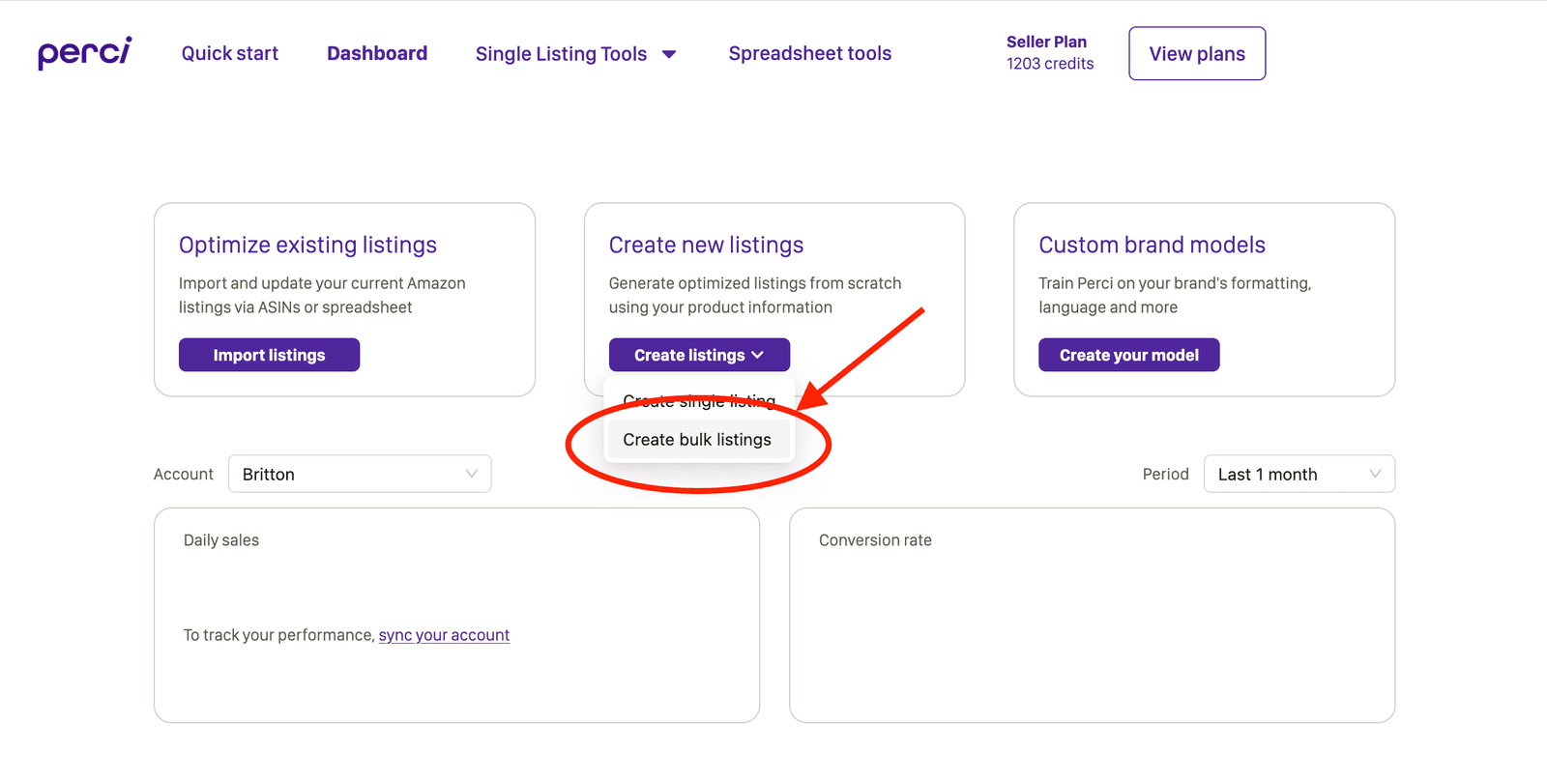 Perci create bulk listings screen showing the start of the draft workflow