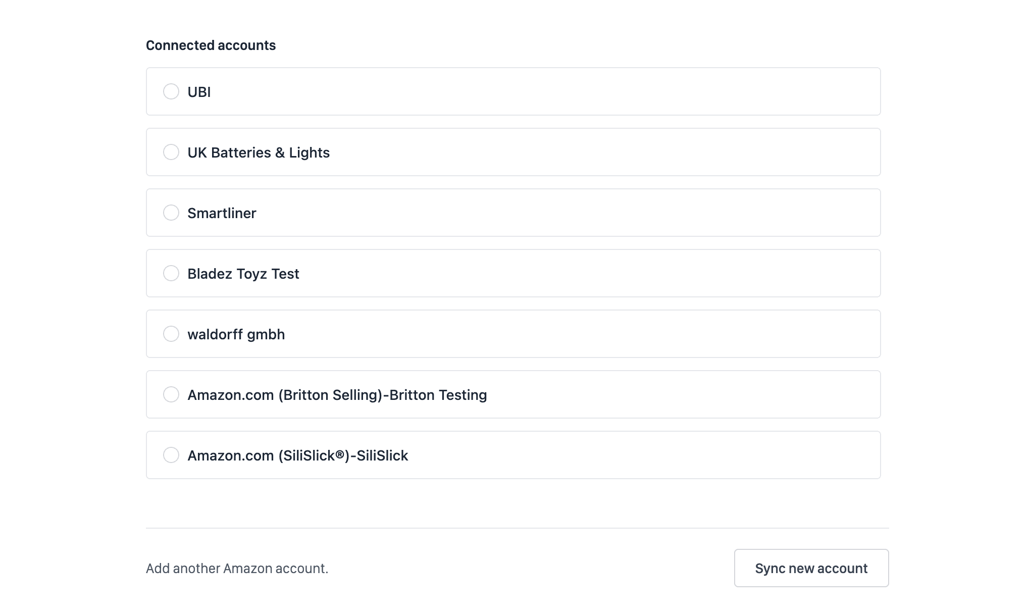 Perci connected accounts screen showing multiple client Amazon accounts