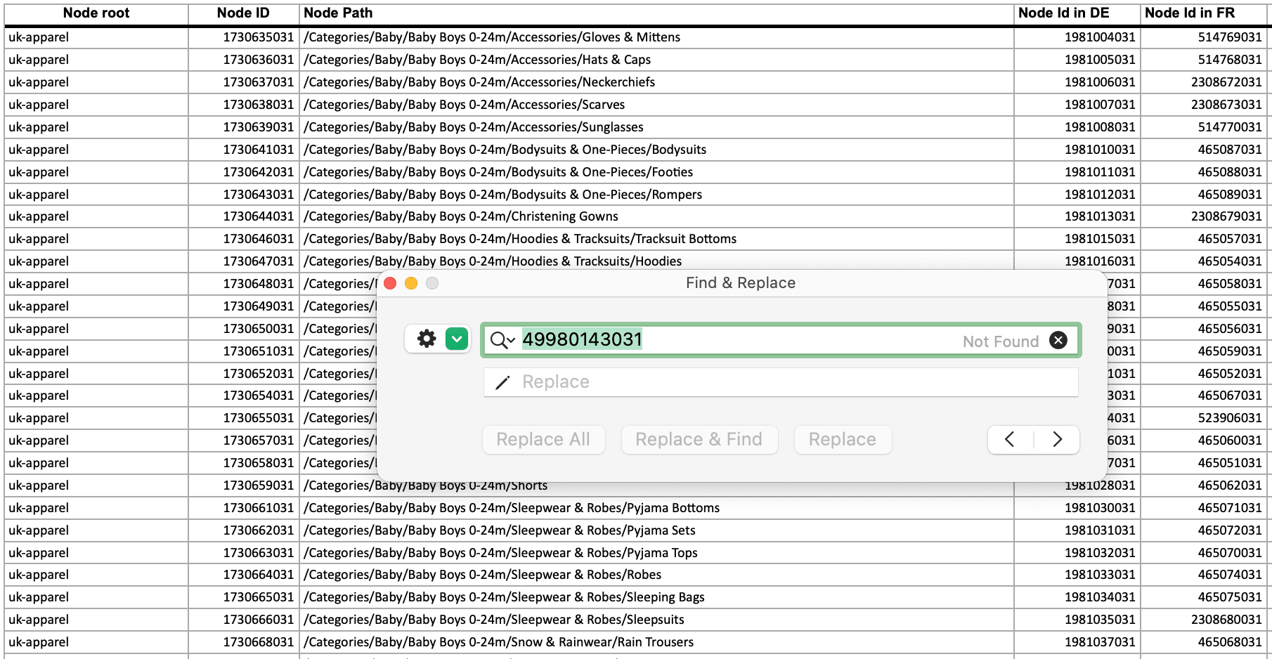 Amazon UK browse node spreadsheet search showing 49980143031 was not found