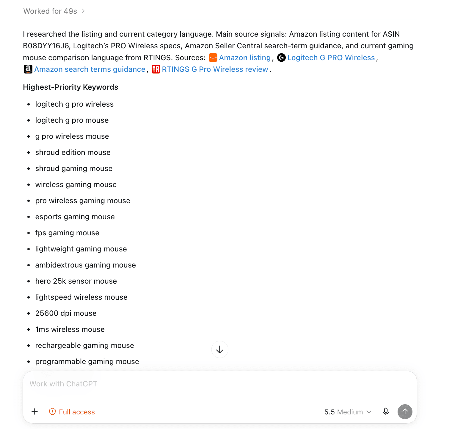 ChatGPT 5.5 response listing suggested keywords for a wireless gaming mouse