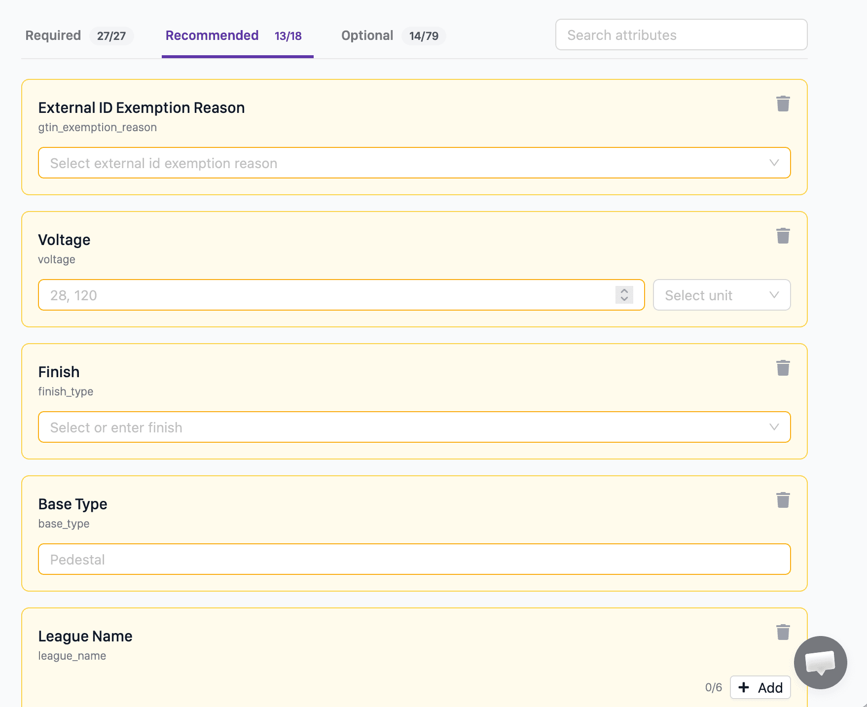 Perci attribute editor separating required, recommended, and optional Amazon fields