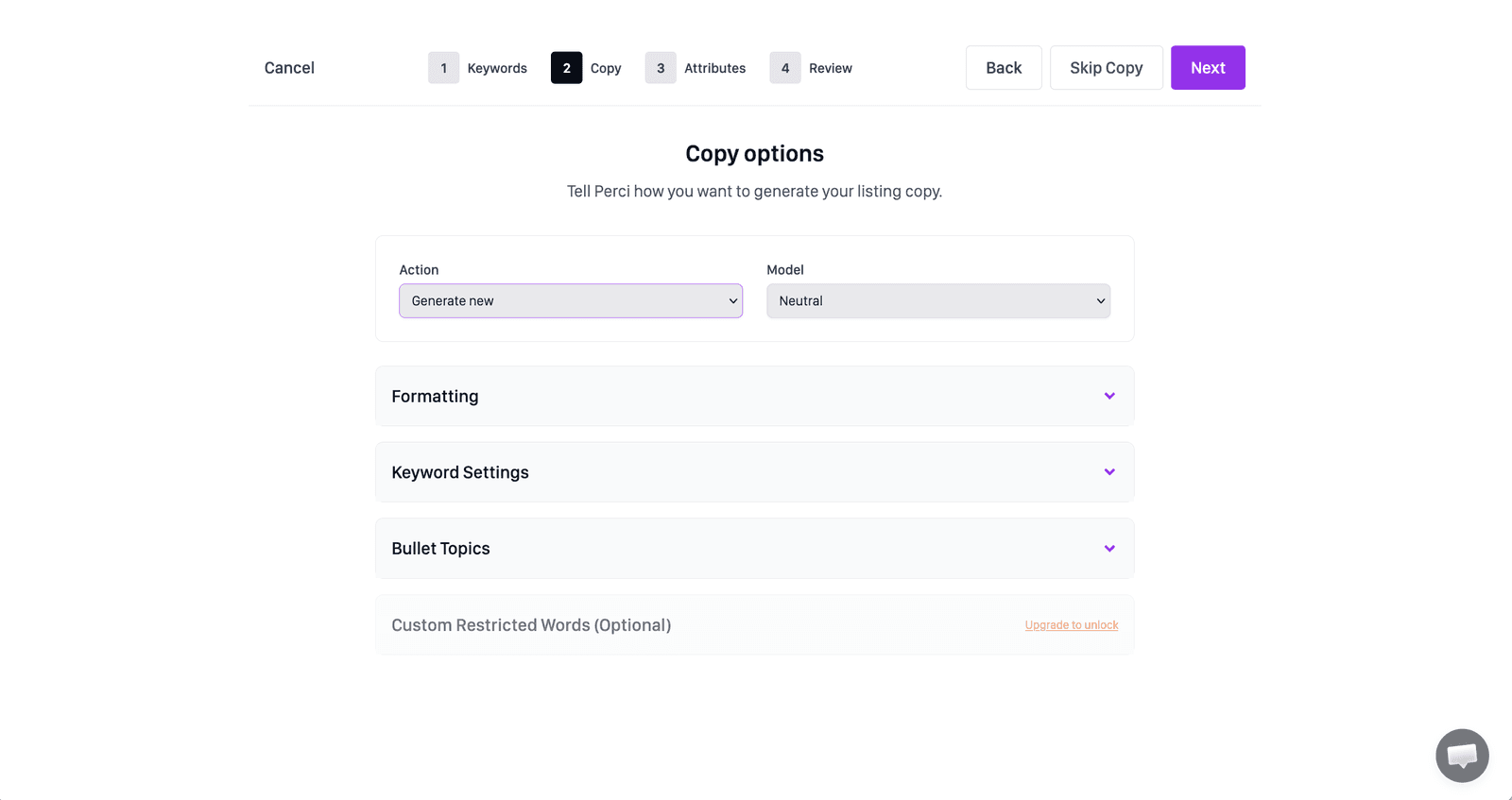 Perci copy generation settings