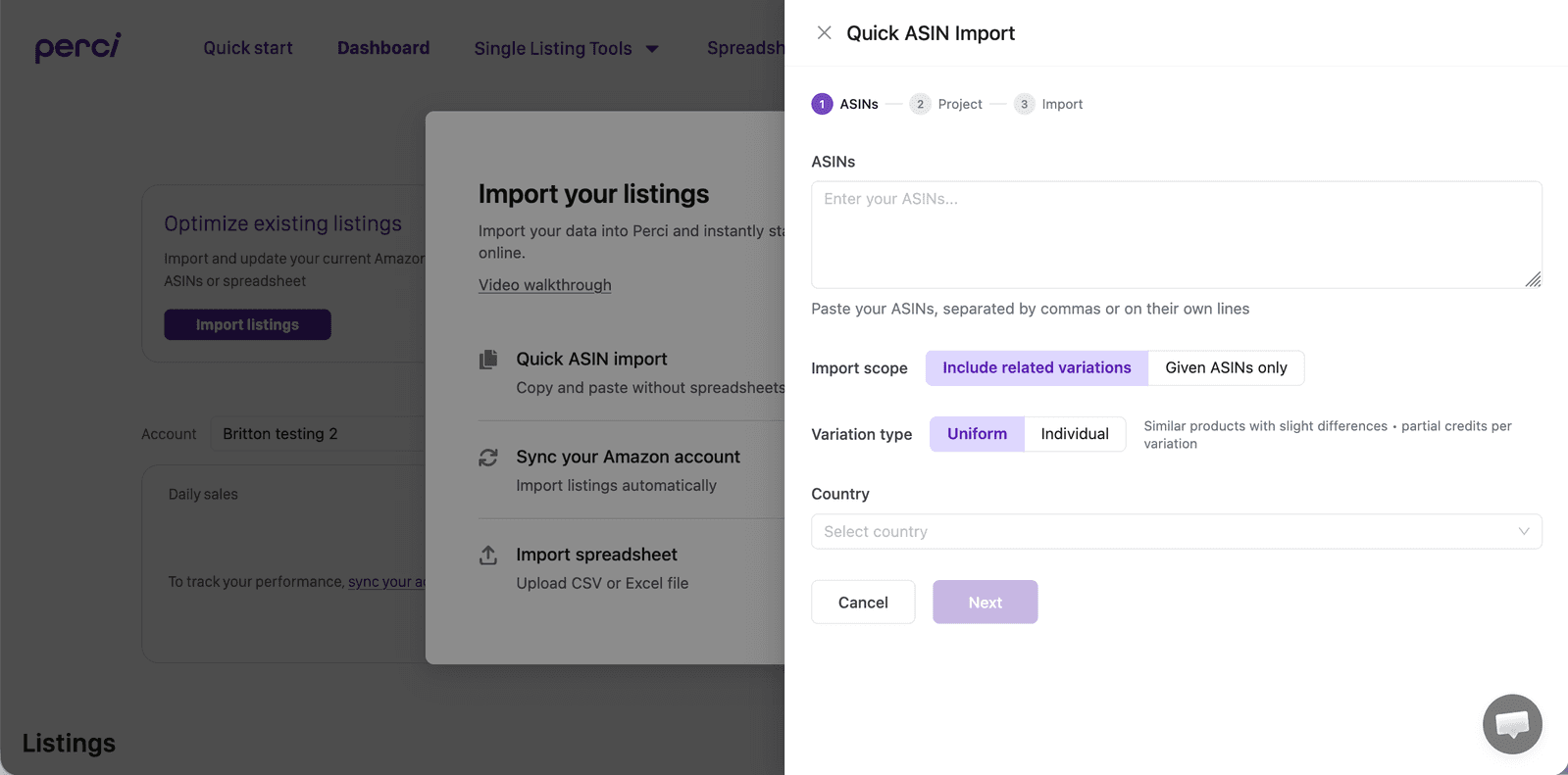 Perci quick ASIN import screen