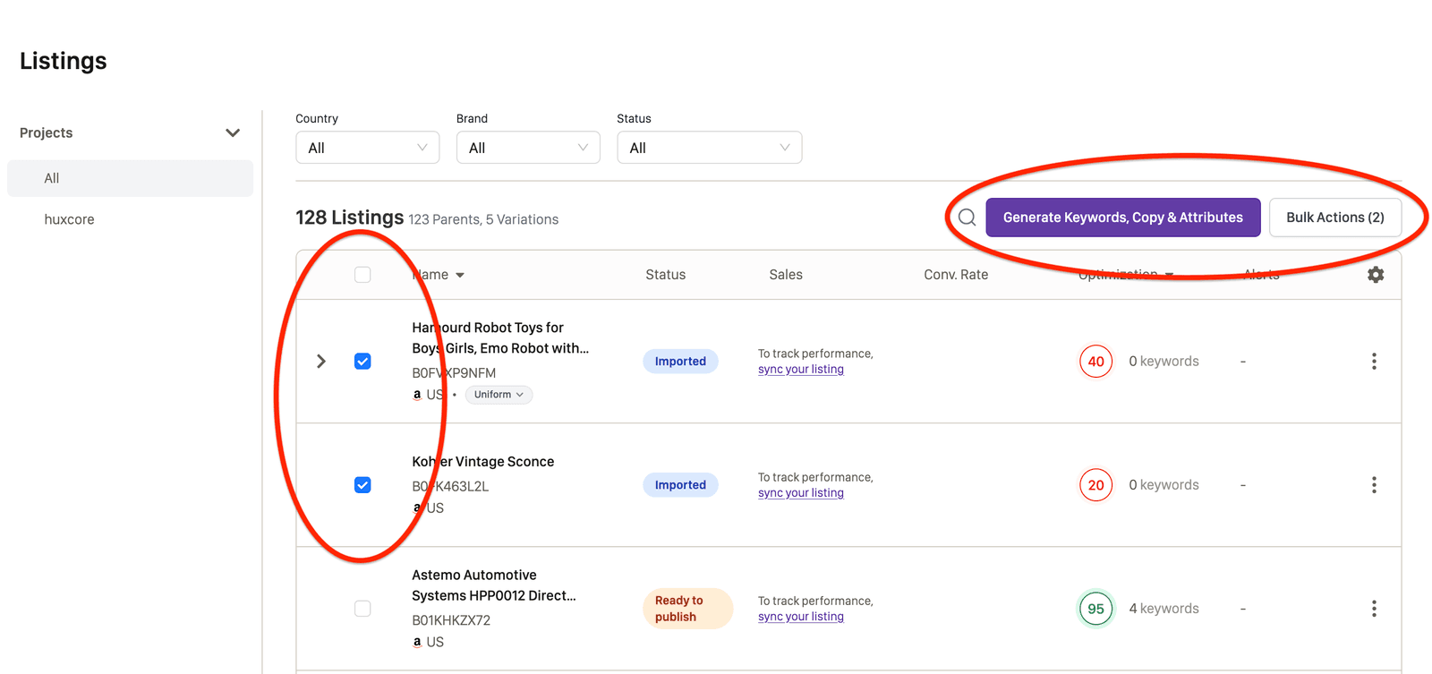 Perci listing dashboard with multiple listings selected