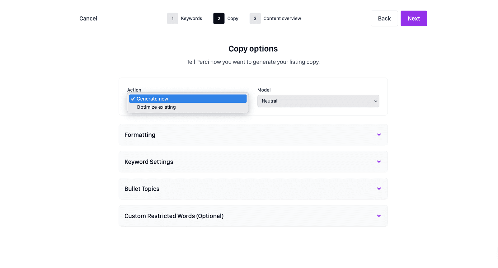 Perci copy options for an Amazon variation family