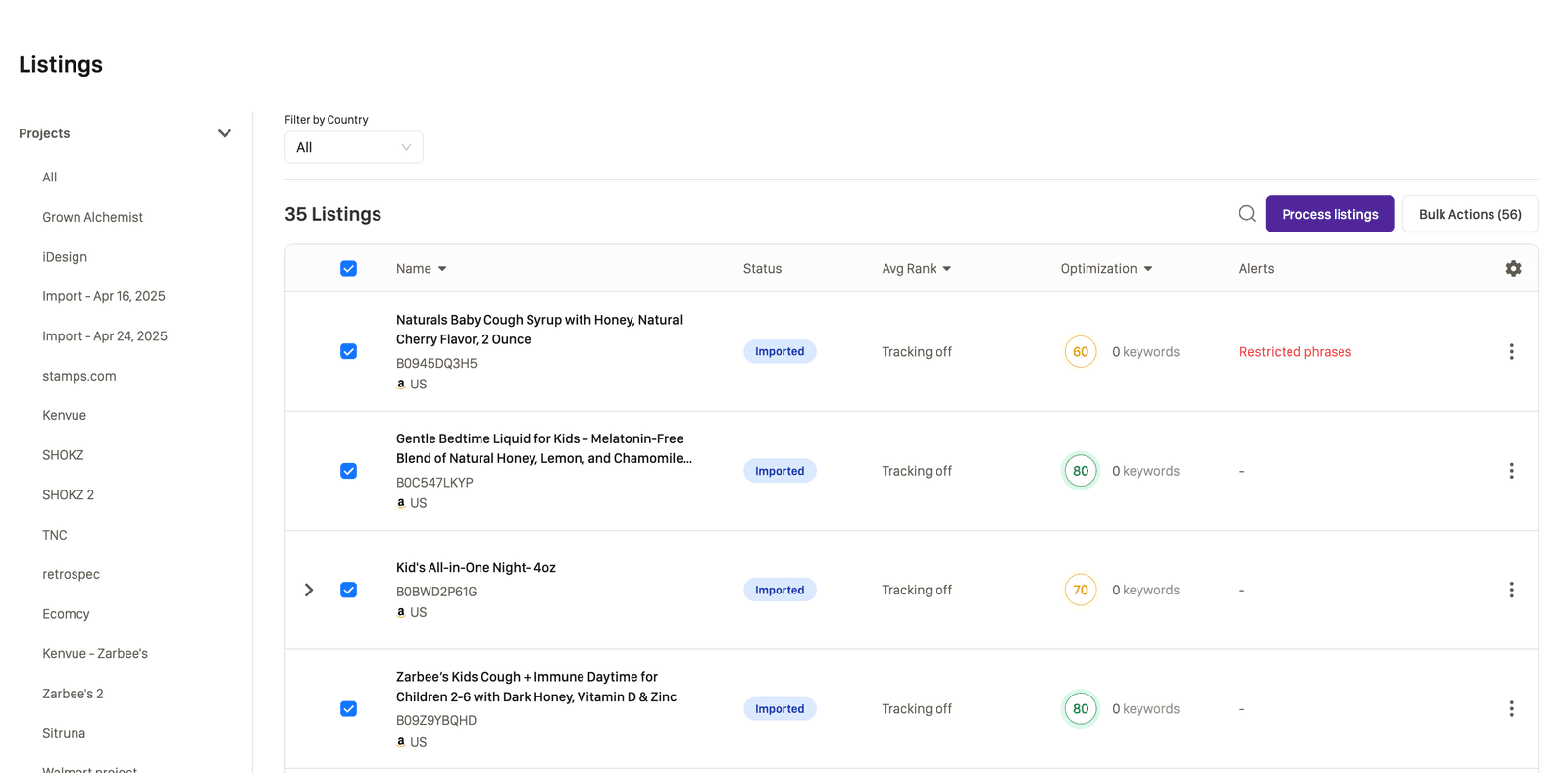 Perci dashboard with Amazon parent listings selected for processing