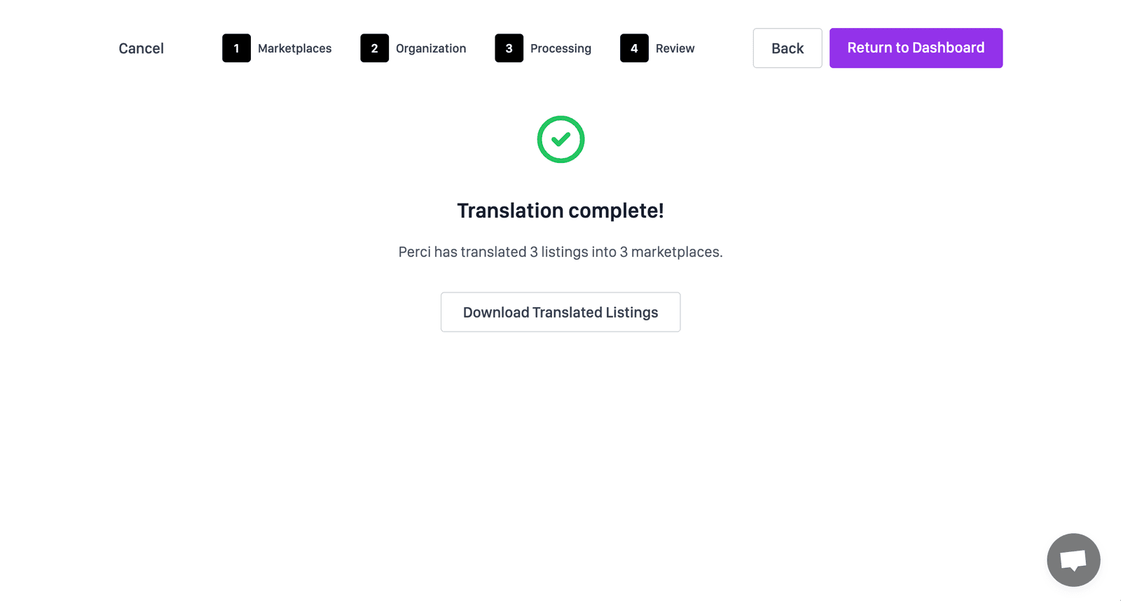 Perci completed translation batch with download action