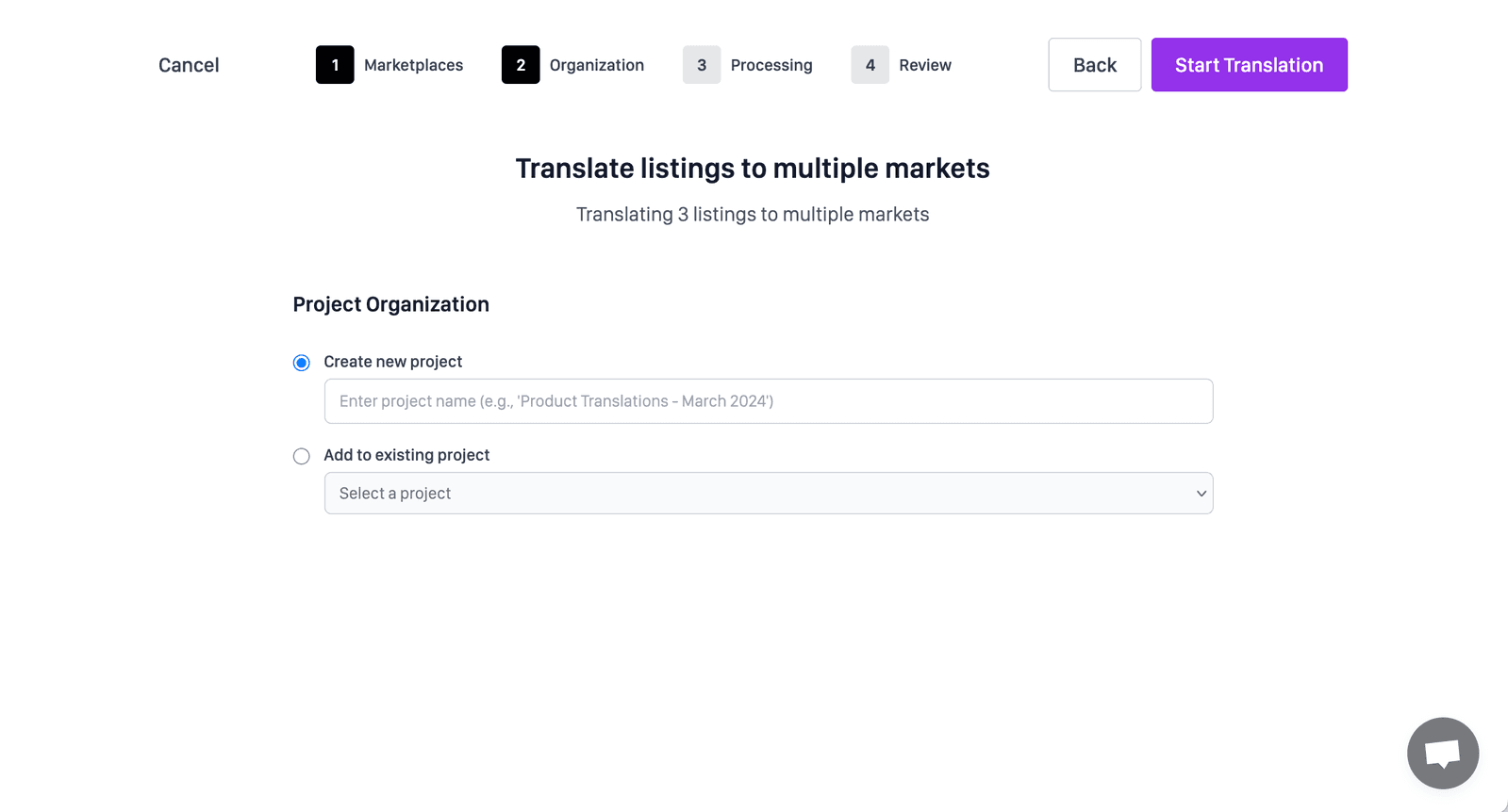 Perci project options for an international translation batch