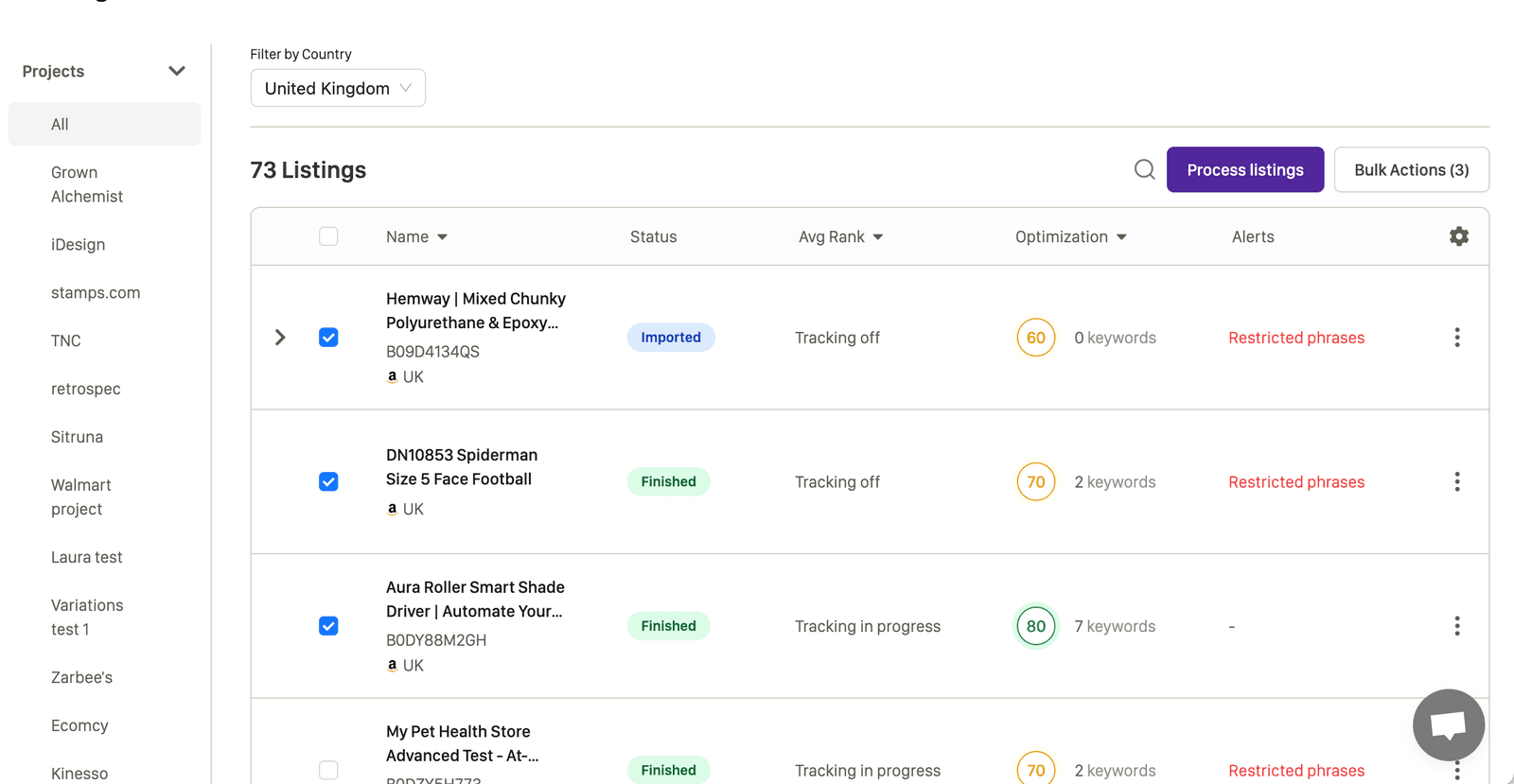 Perci dashboard with source listings selected for translation
