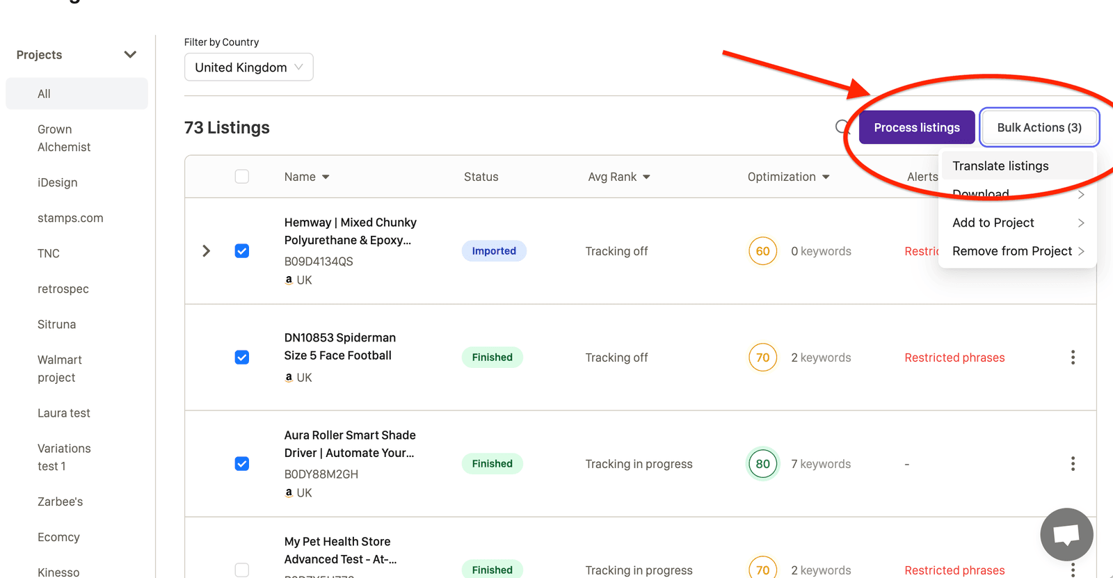 Perci Bulk Actions menu with Translate Listings selected