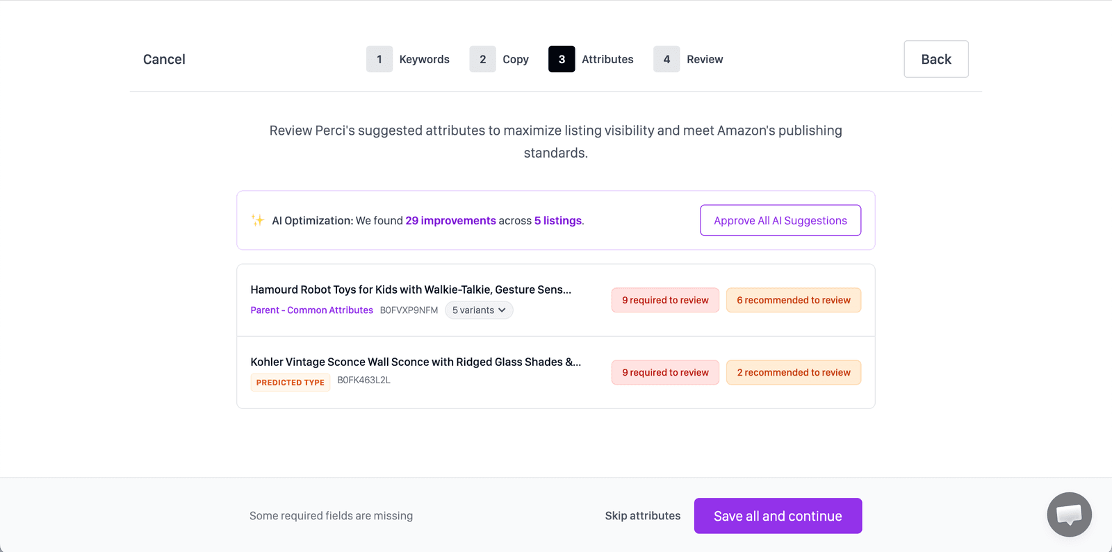 Perci attribute review for new listing drafts