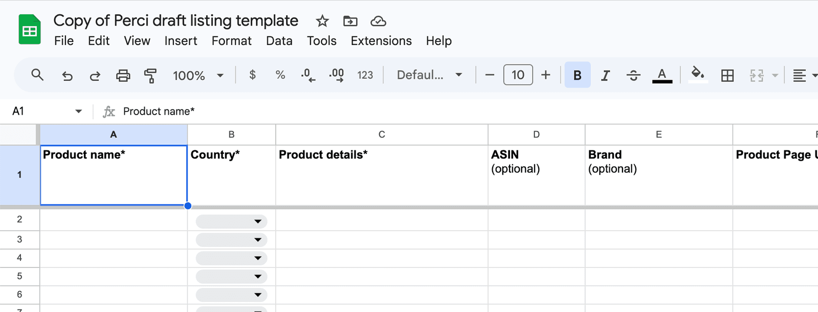 Perci bulk draft listing spreadsheet template