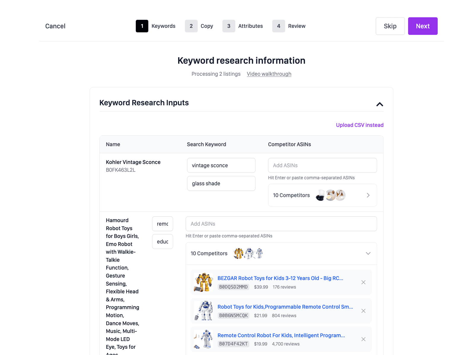 Perci keyword research inputs for new listings