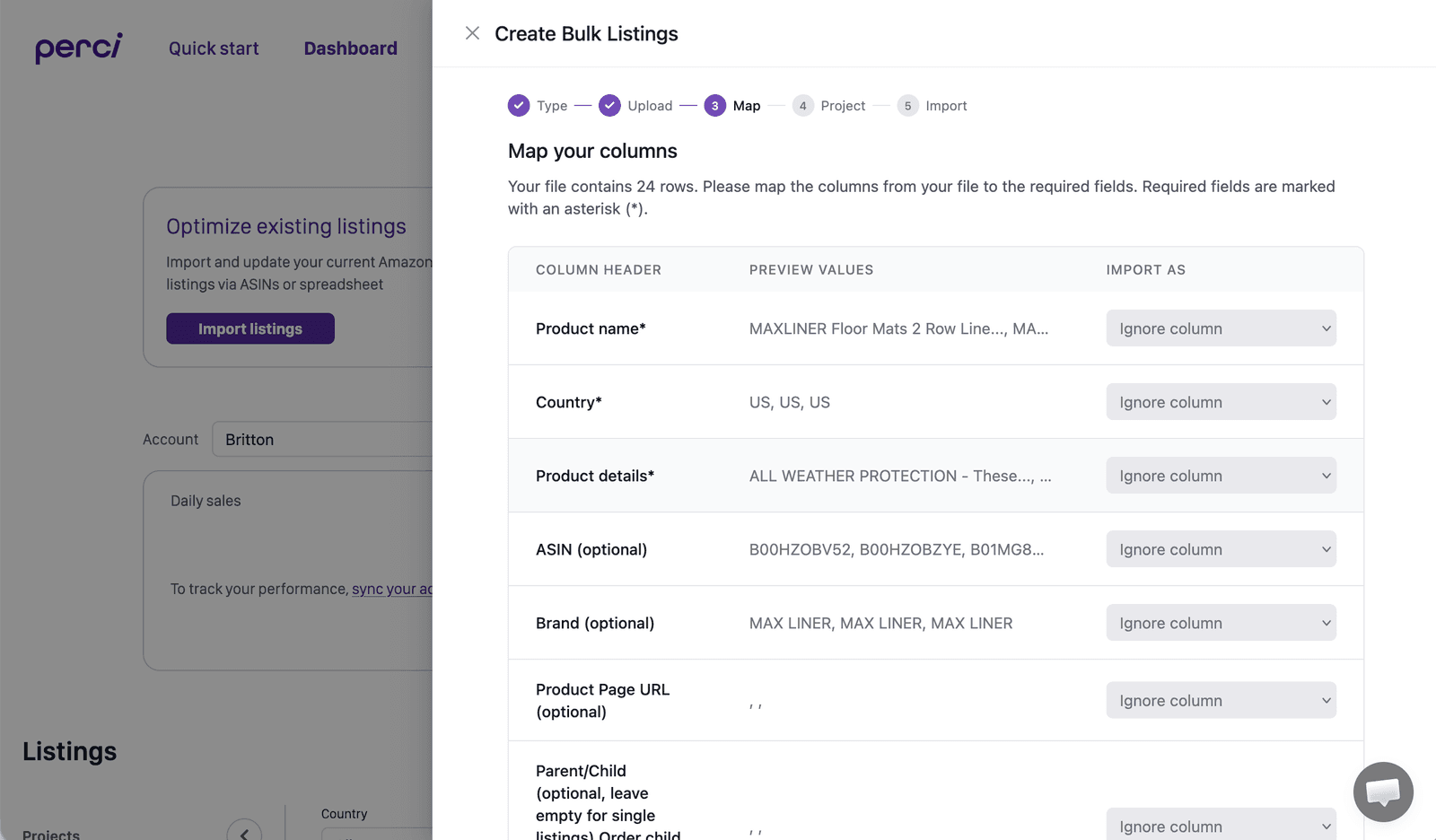 Perci spreadsheet upload and field mapping