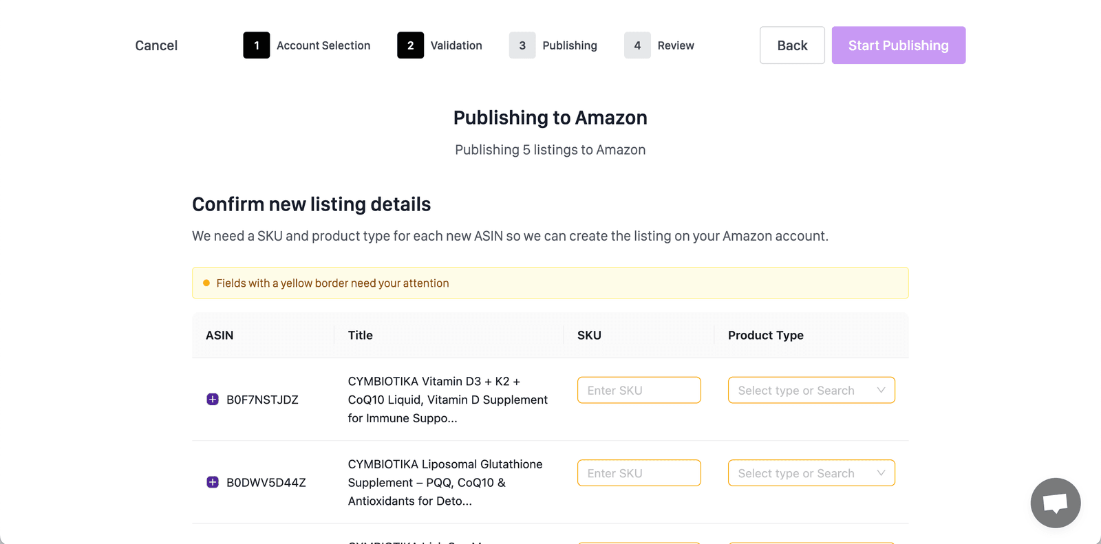 Perci product type and SKU fields for new Amazon listings