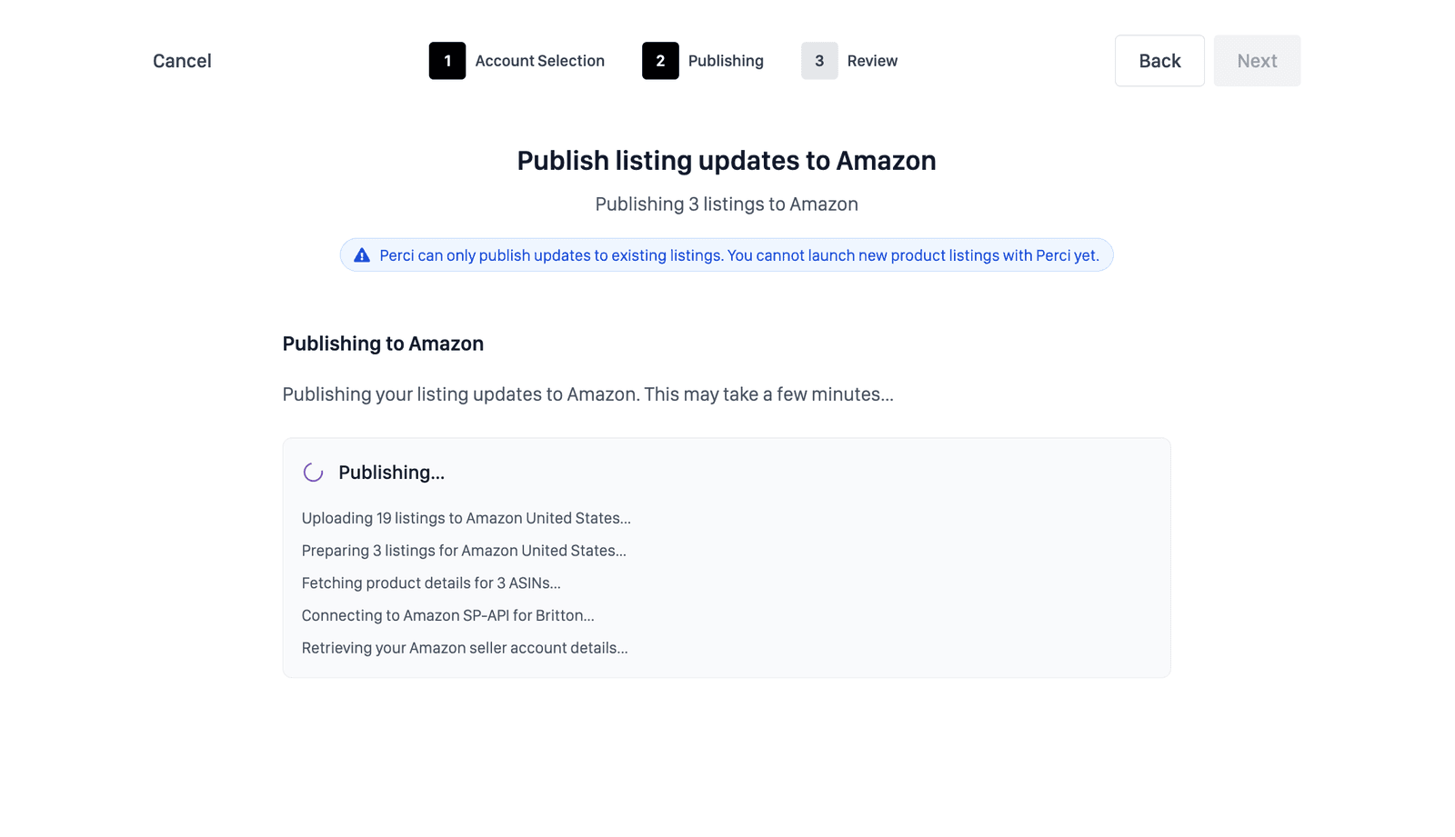 Perci direct publishing progress and activity log