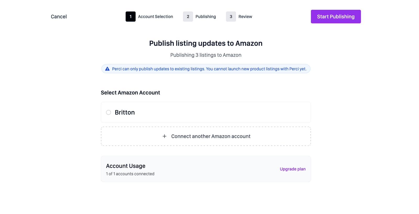 Perci Amazon account selection screen for direct publishing