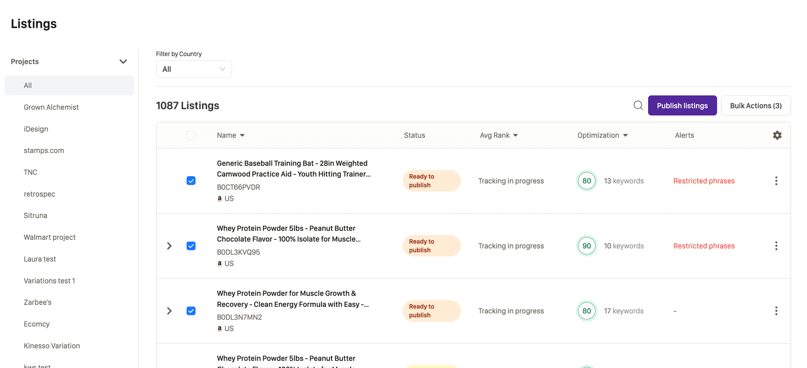Perci dashboard with listings selected for publishing